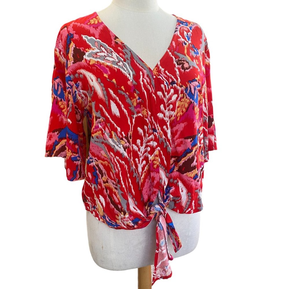 Haver & Blair London Red Abstract Floral Tie Front Top Tropical Vacation Boho-S
